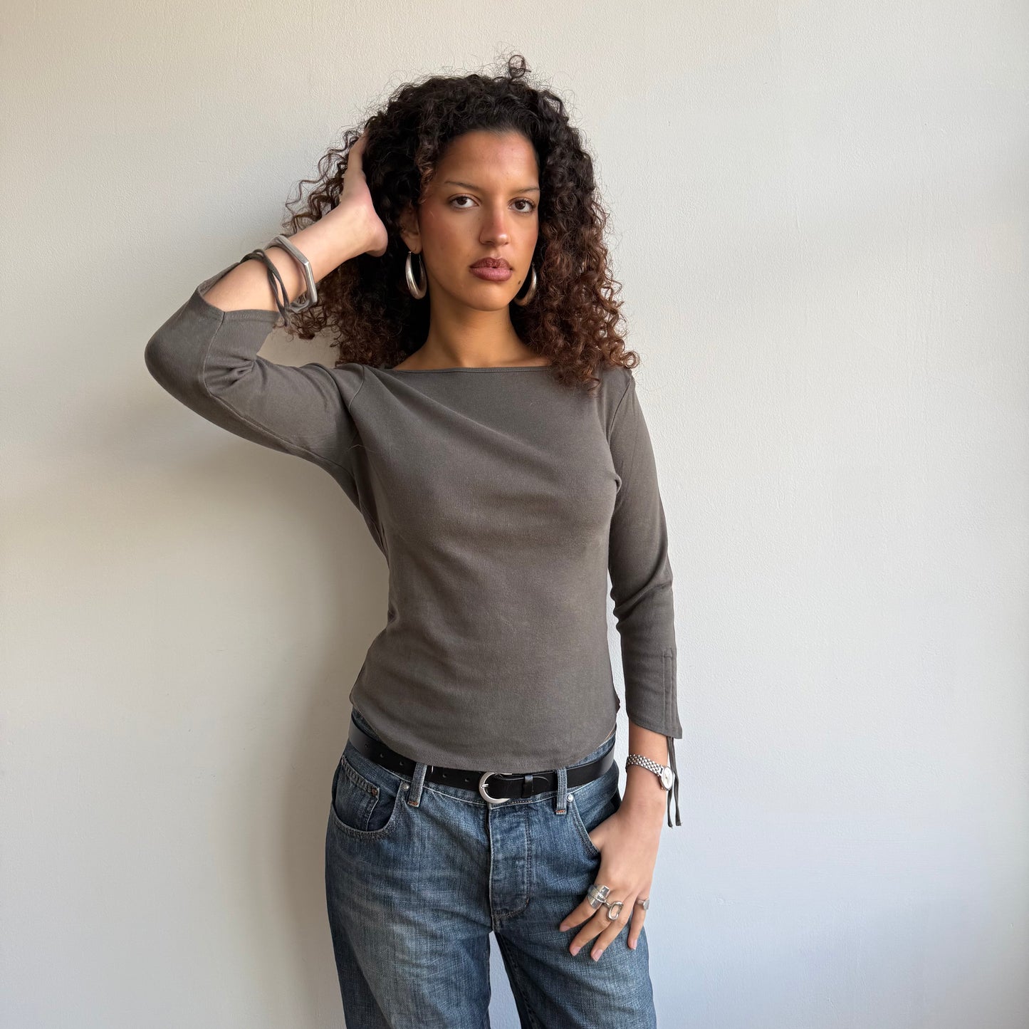 Khaki 3/4 sleeve ruched top - Size M