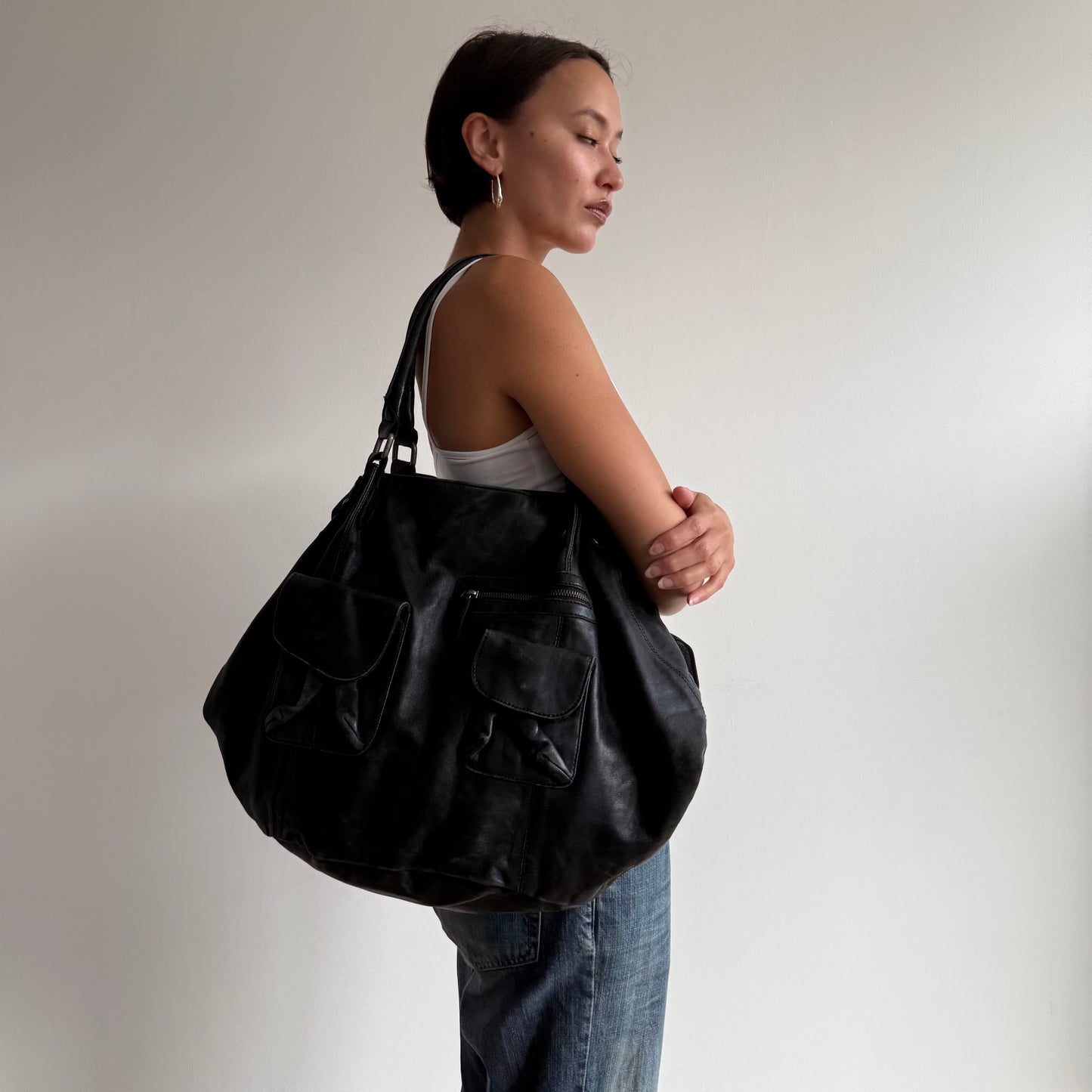 Black leather buckle bag - One Size