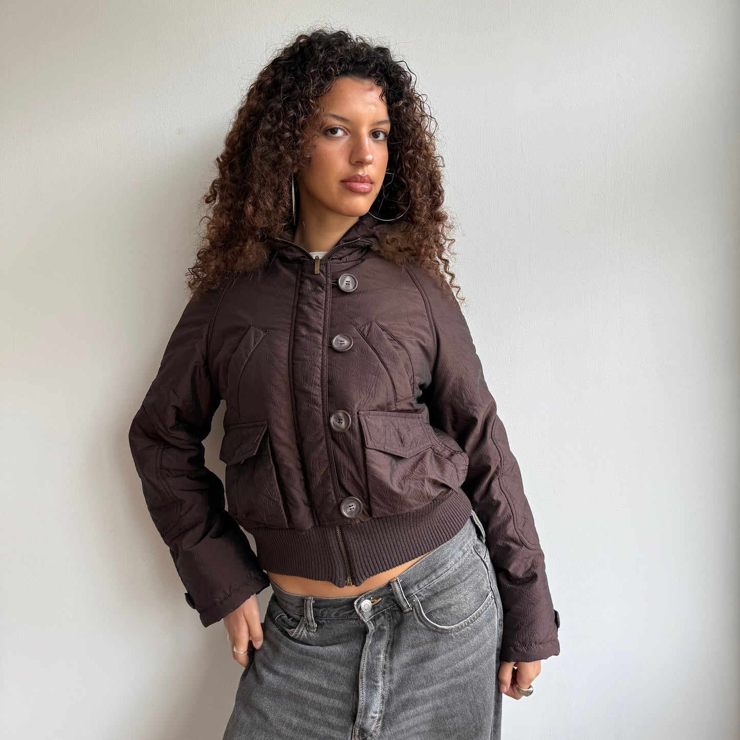 Brown puffer fur hood - Size M