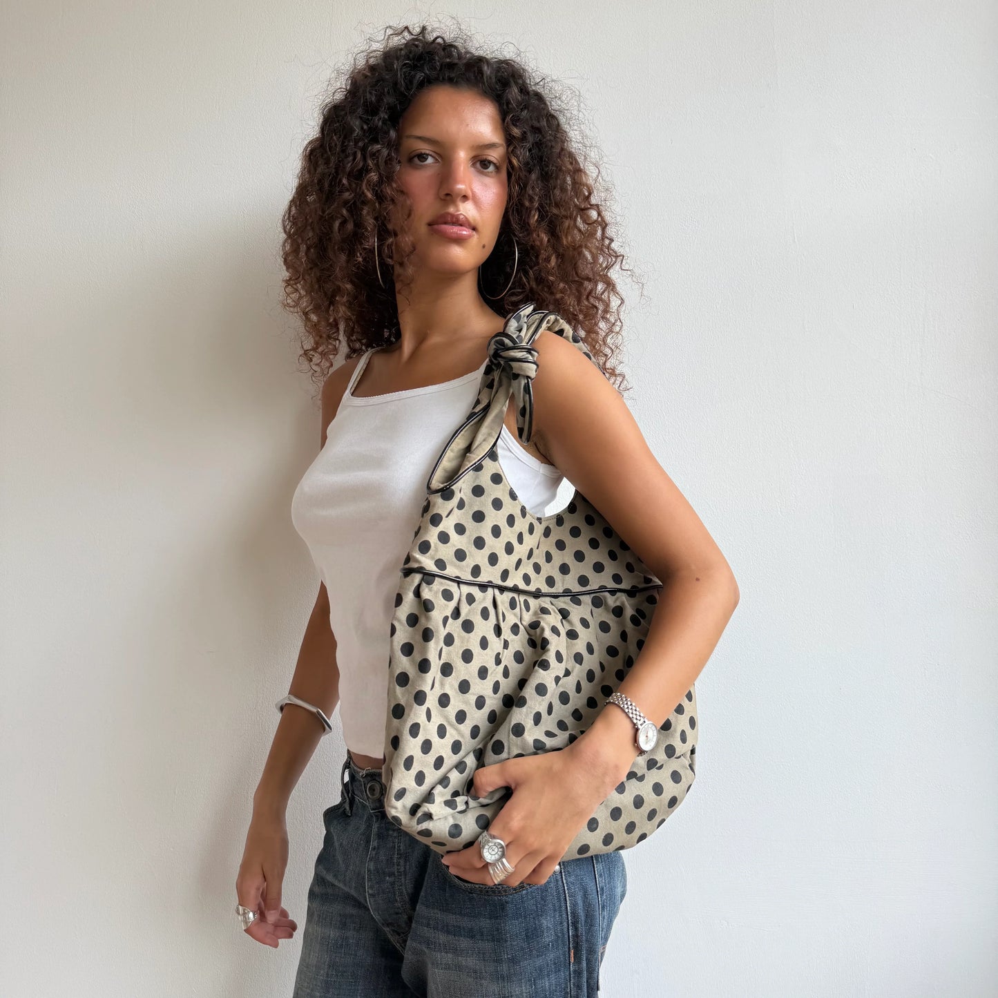 Light khaki polka dot bag - OS