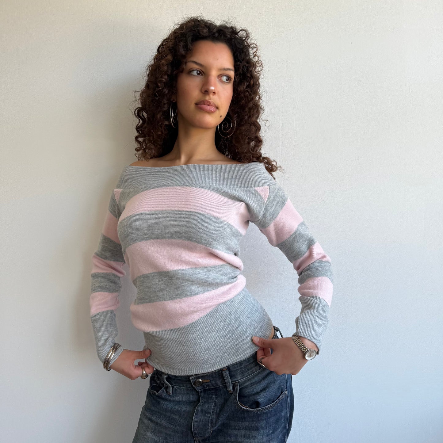 Pink + grey striped bardot knit - Size S/M