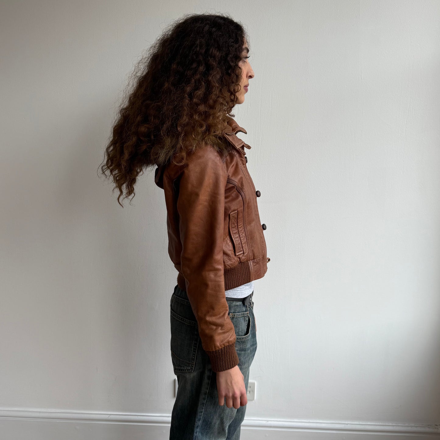 Brown leather fur hood bomber - Size S/M