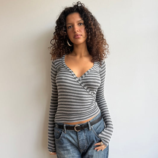 Grey stripe wrap top - Size S