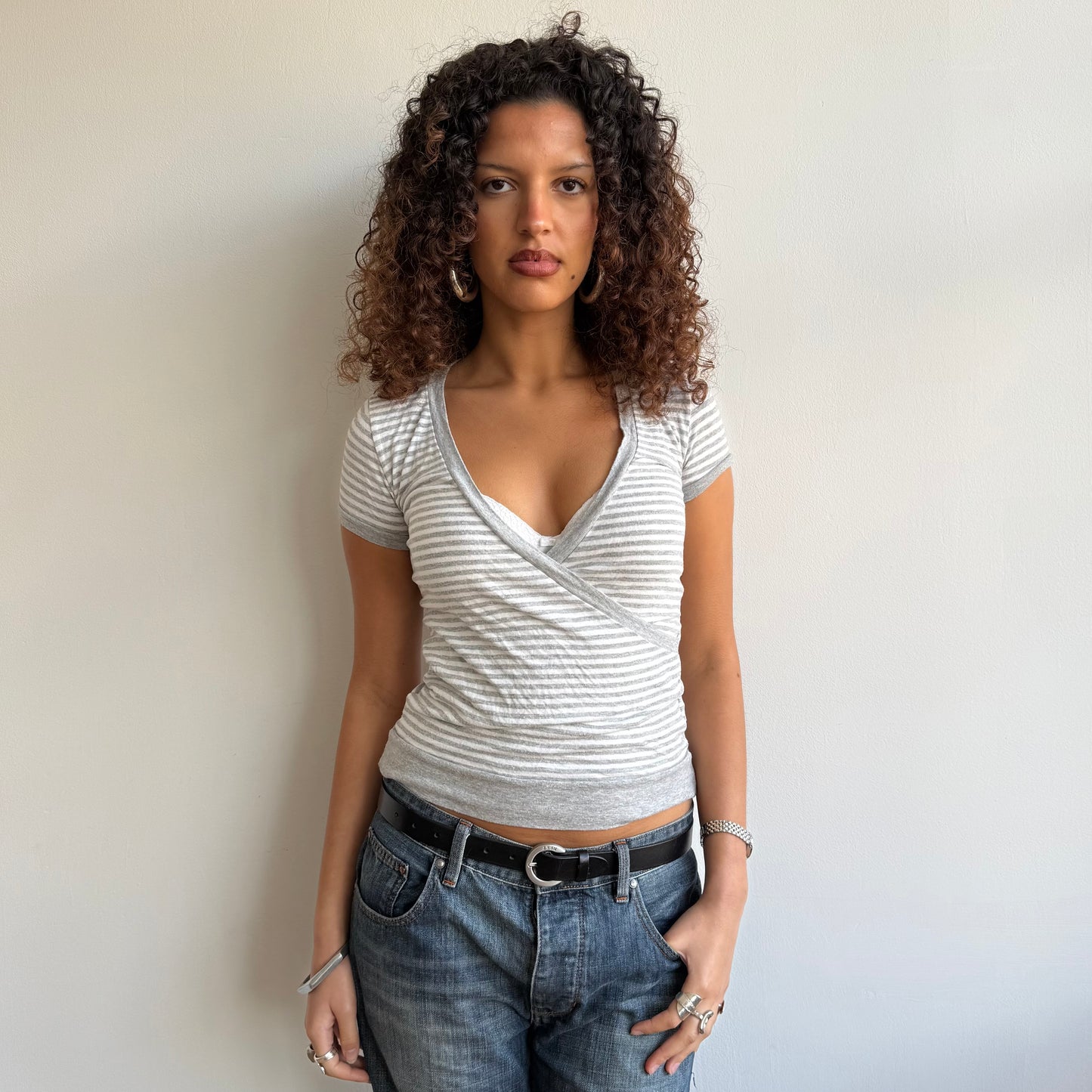 Grey + white stripe wrap top - Size S