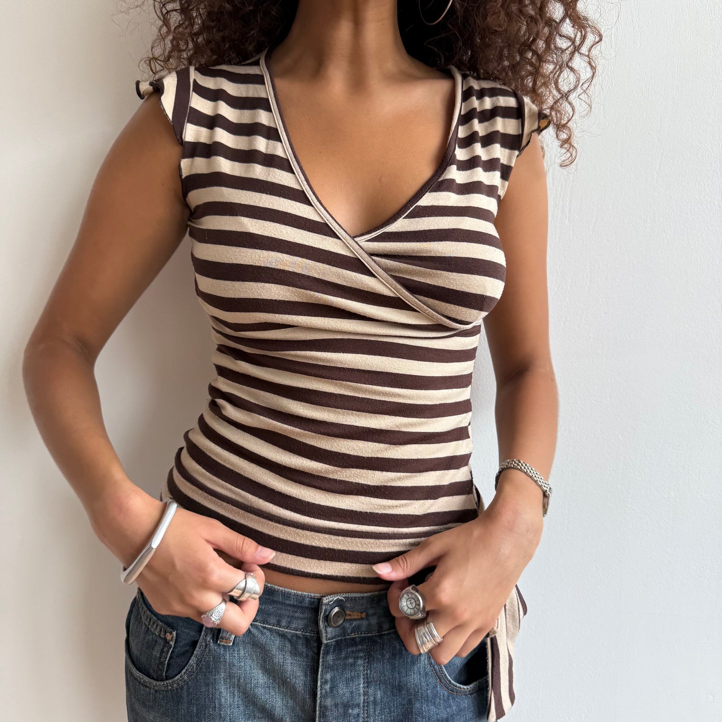 Beige + brown stripe top - Size S
