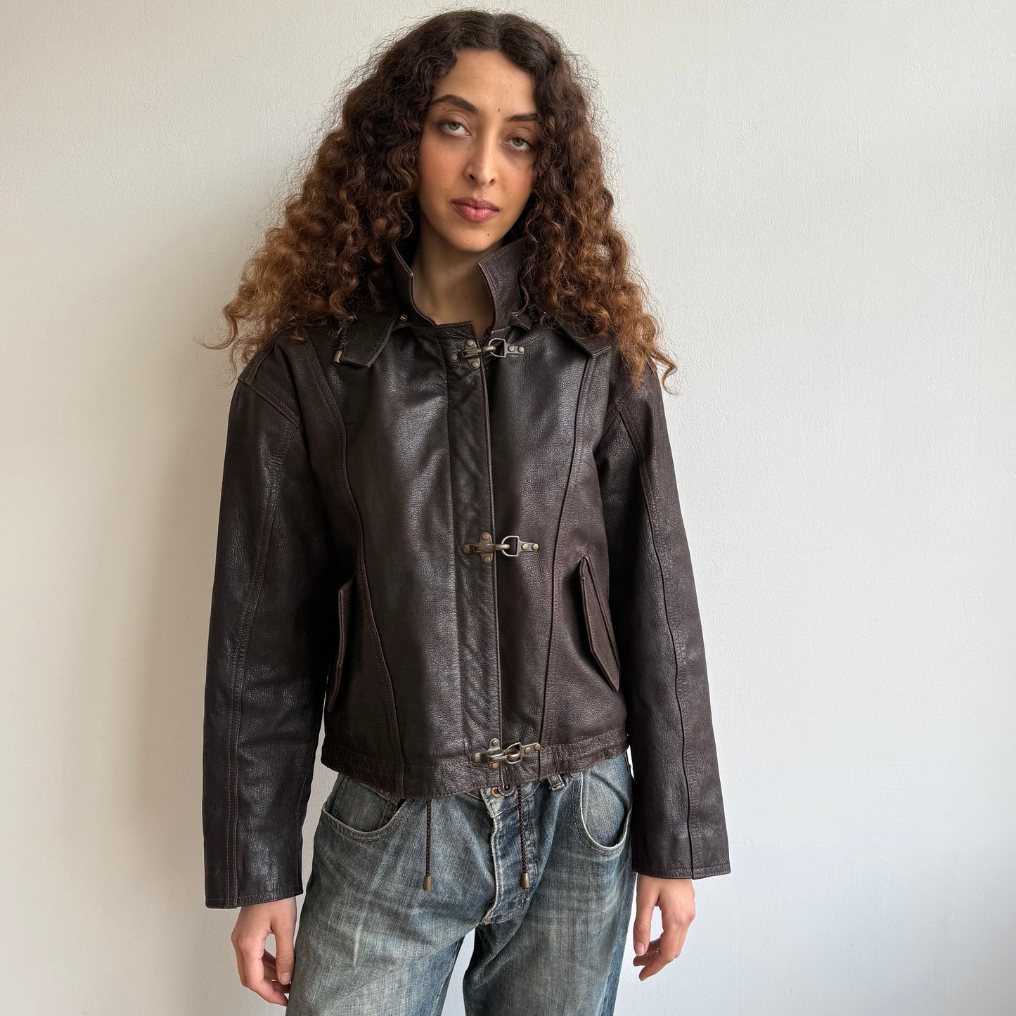 Brown leather fireman’s clasp bomber - Size M