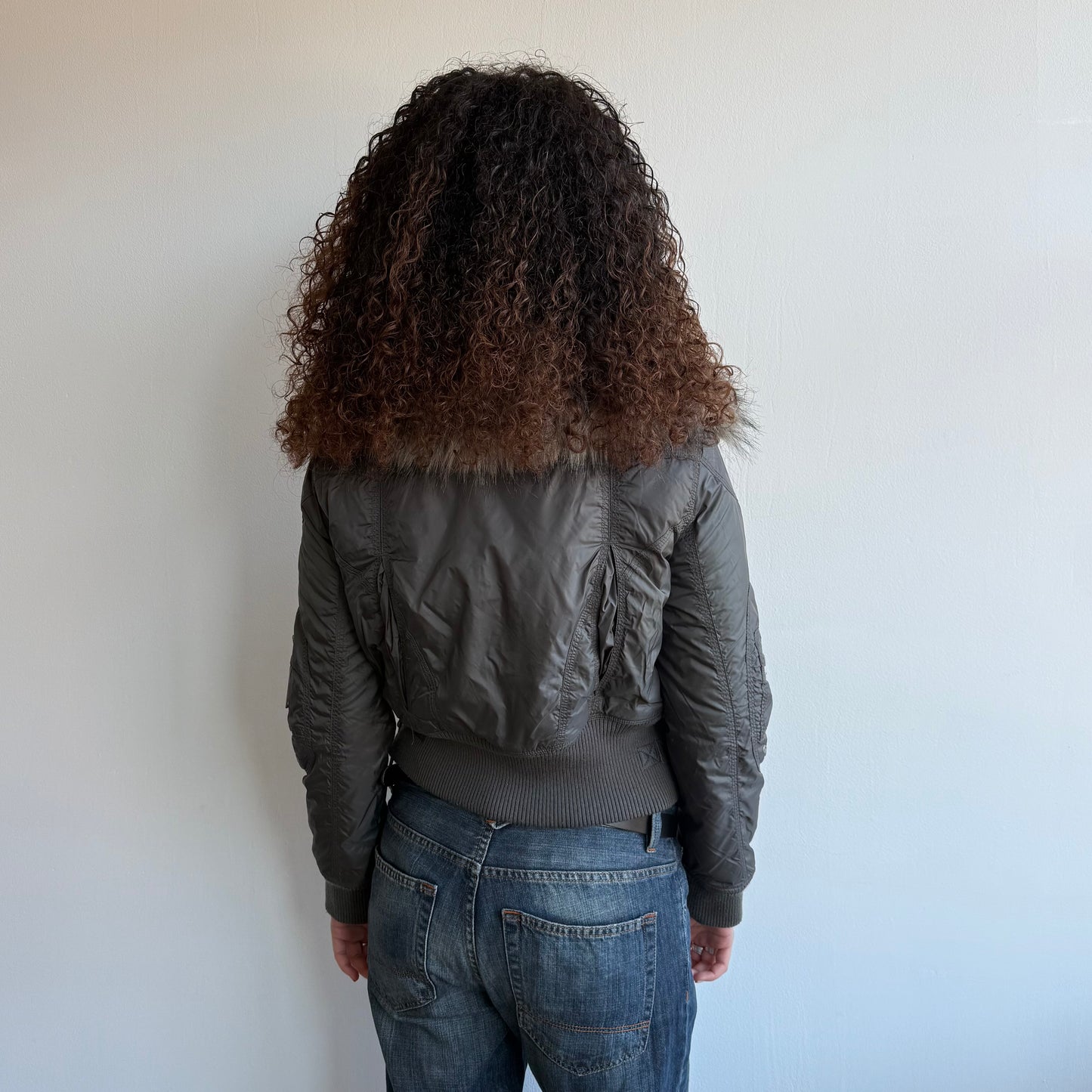 Grey fur collar puffer bomber - Size S