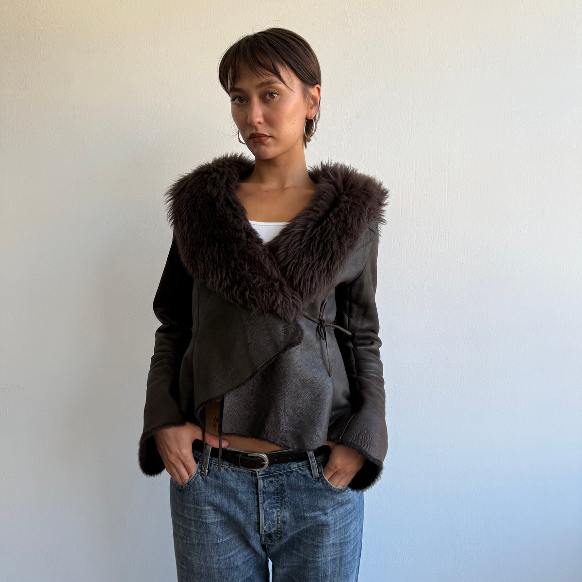 Brown leather fur tie afghan - Size S