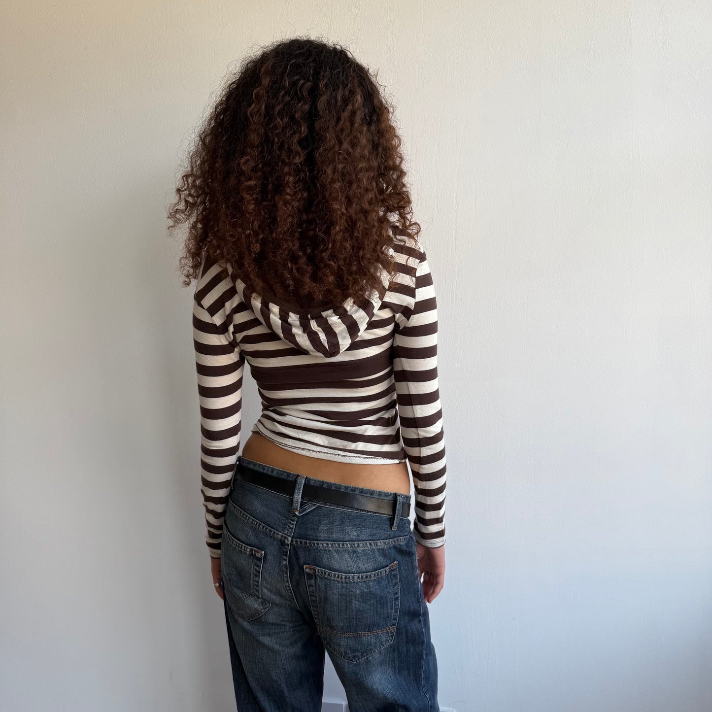 Brown + white striped hooded top - Size S