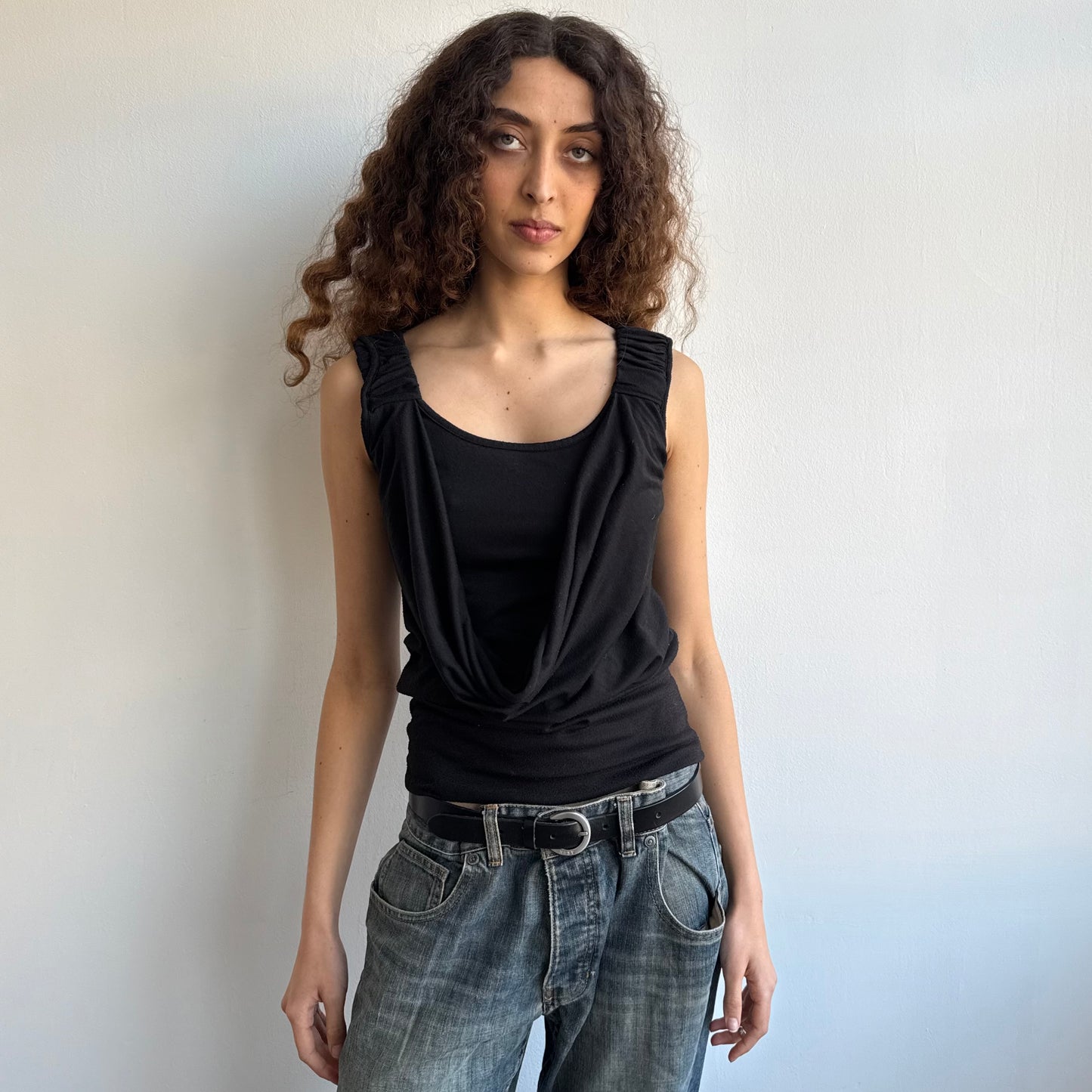 Black ruched sleeve cowl top - Size S/M