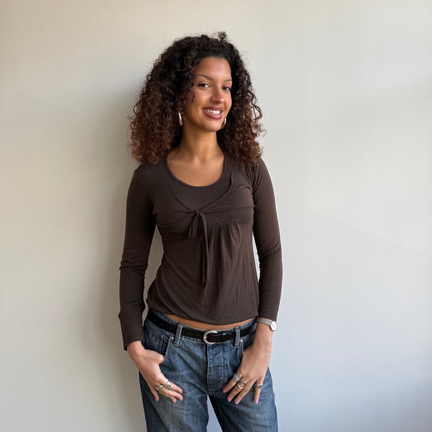 Brown wrap long sleeve top - Size S