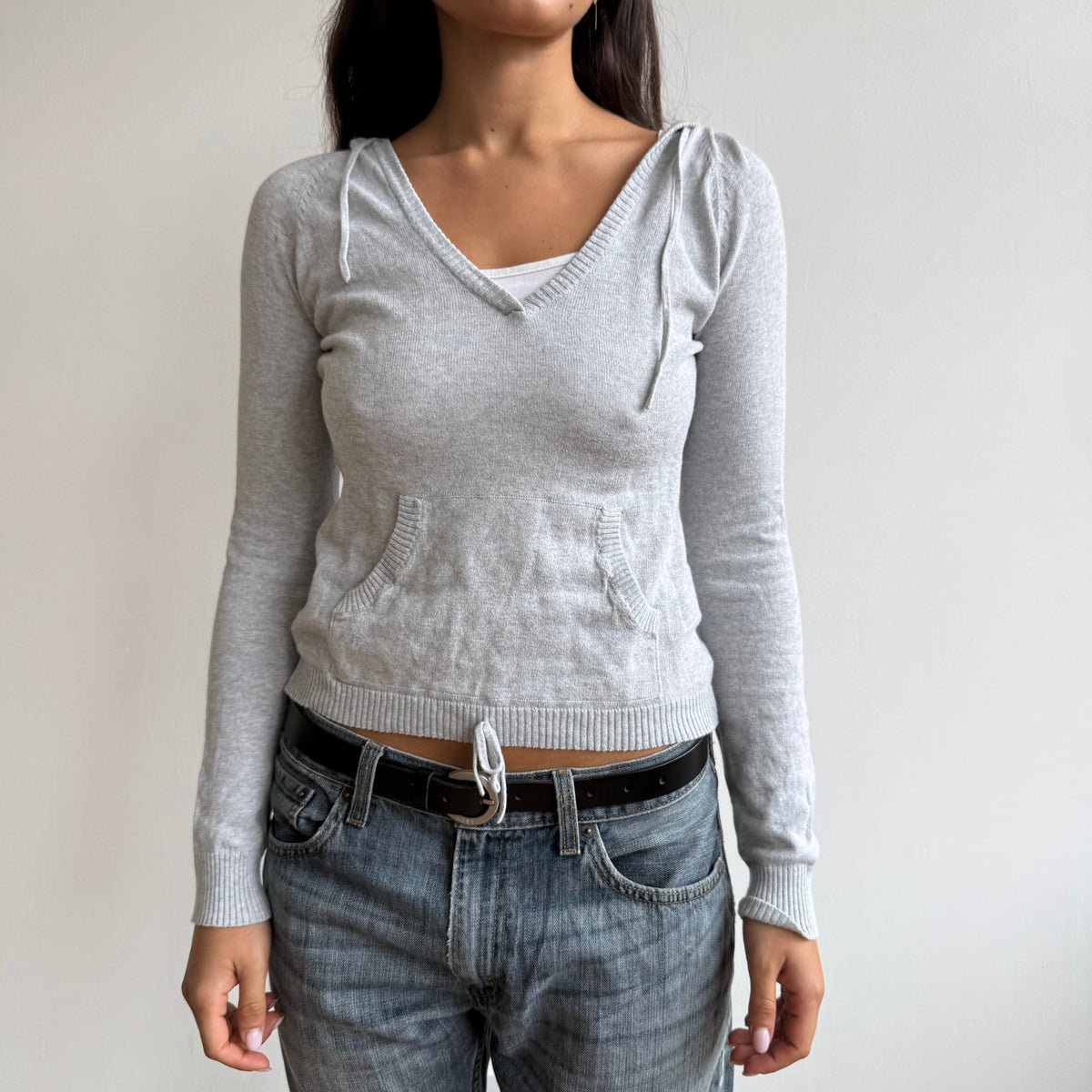 Grey v-neck tie waist hoodie - Size S