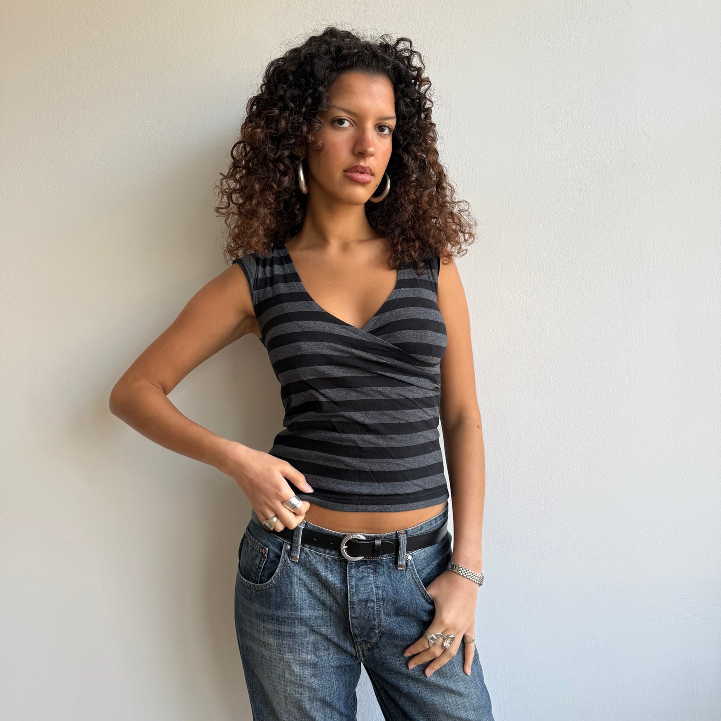 Black + grey stripe wrap top - Size S