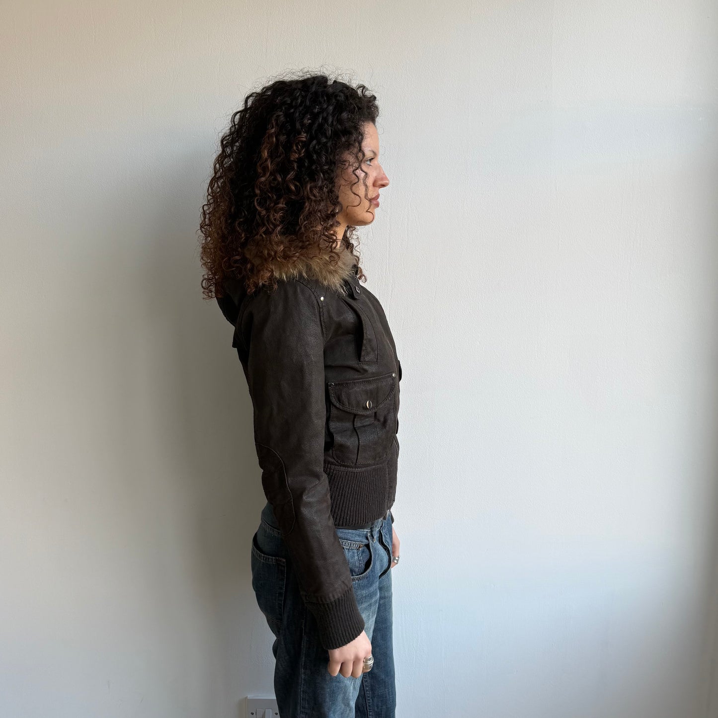 Brown suede fur hood bomber - Size S