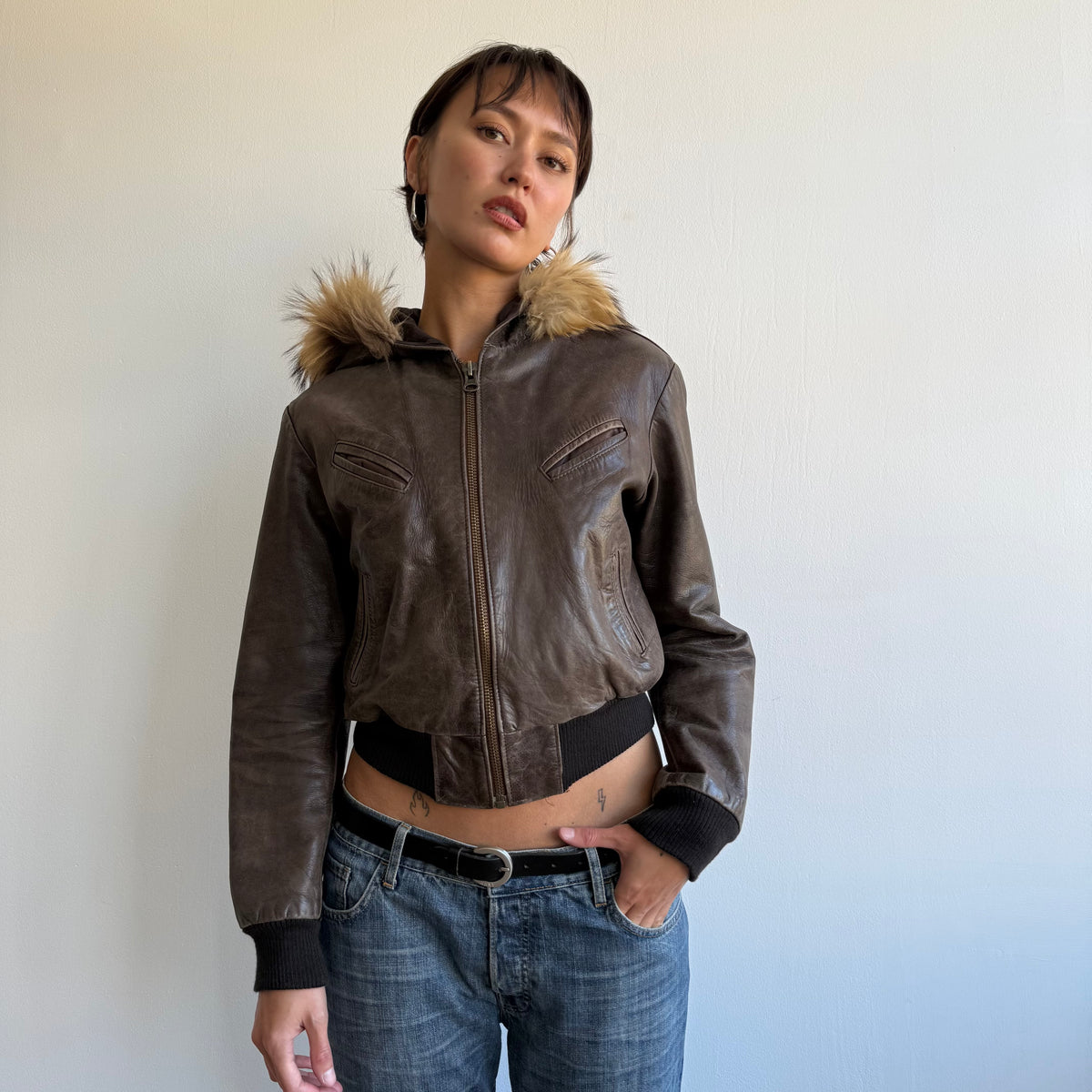 Brown leather fur hood bomber - Size S/M