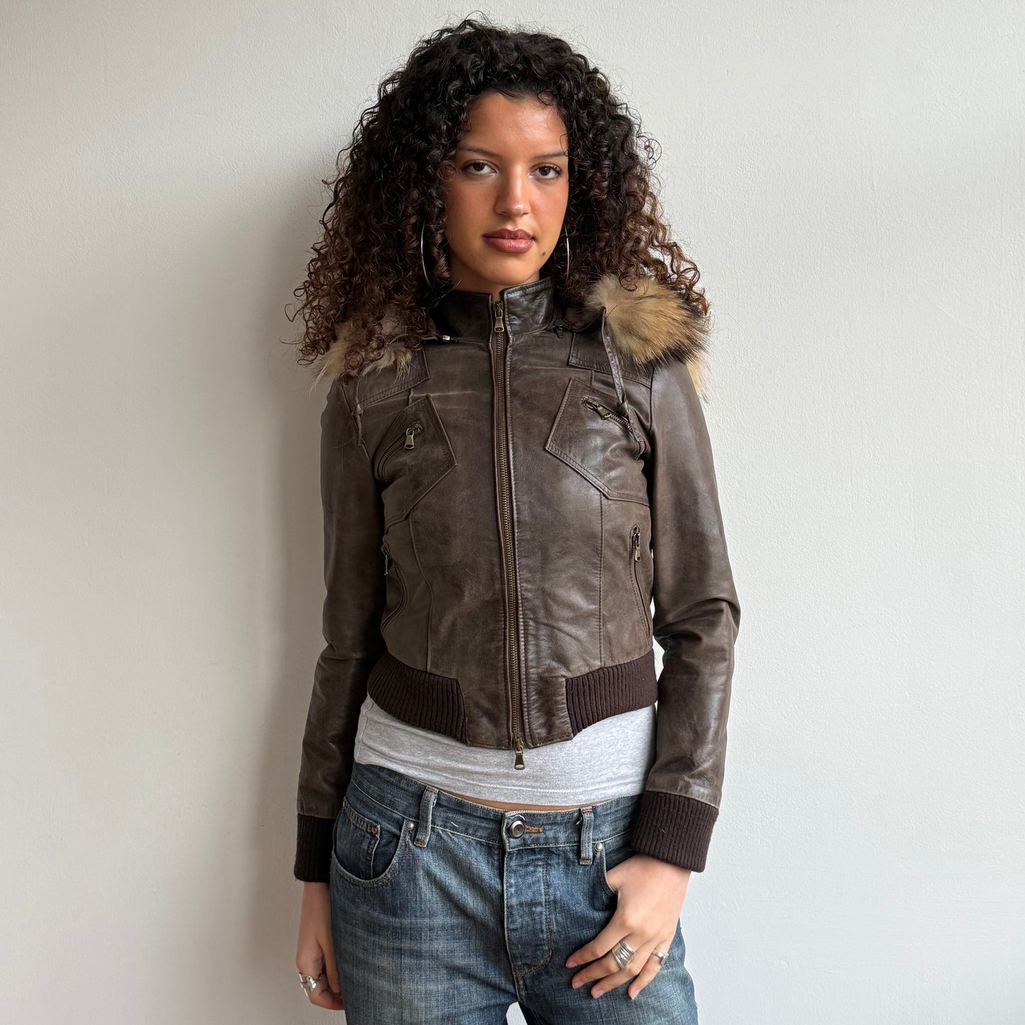 Brown leather fur hood bomber - Size S
