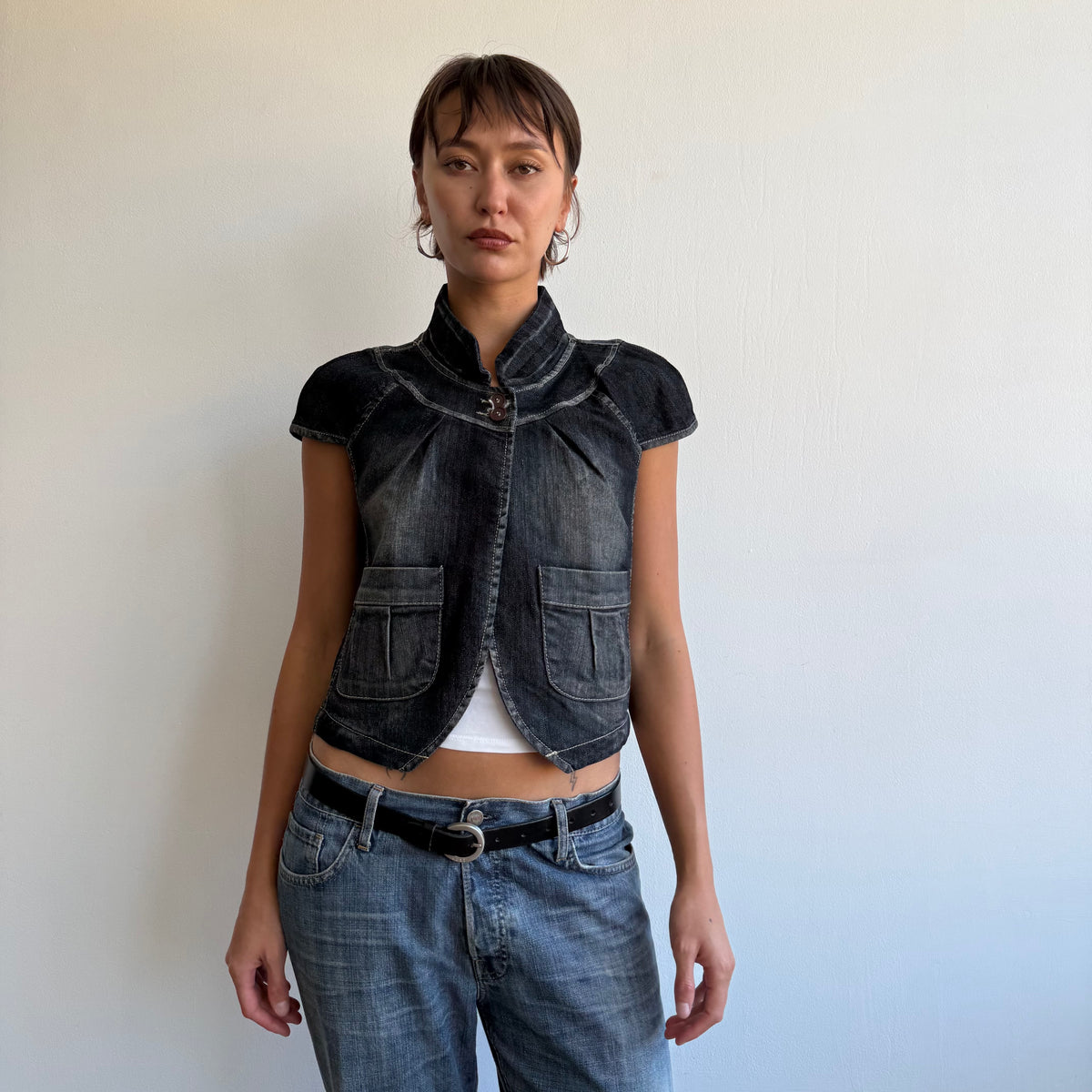 Dark denim short sleeve peacoat - Size S