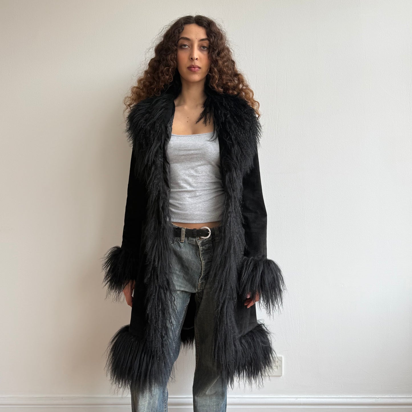 Black leather Afghan coat - Size M
