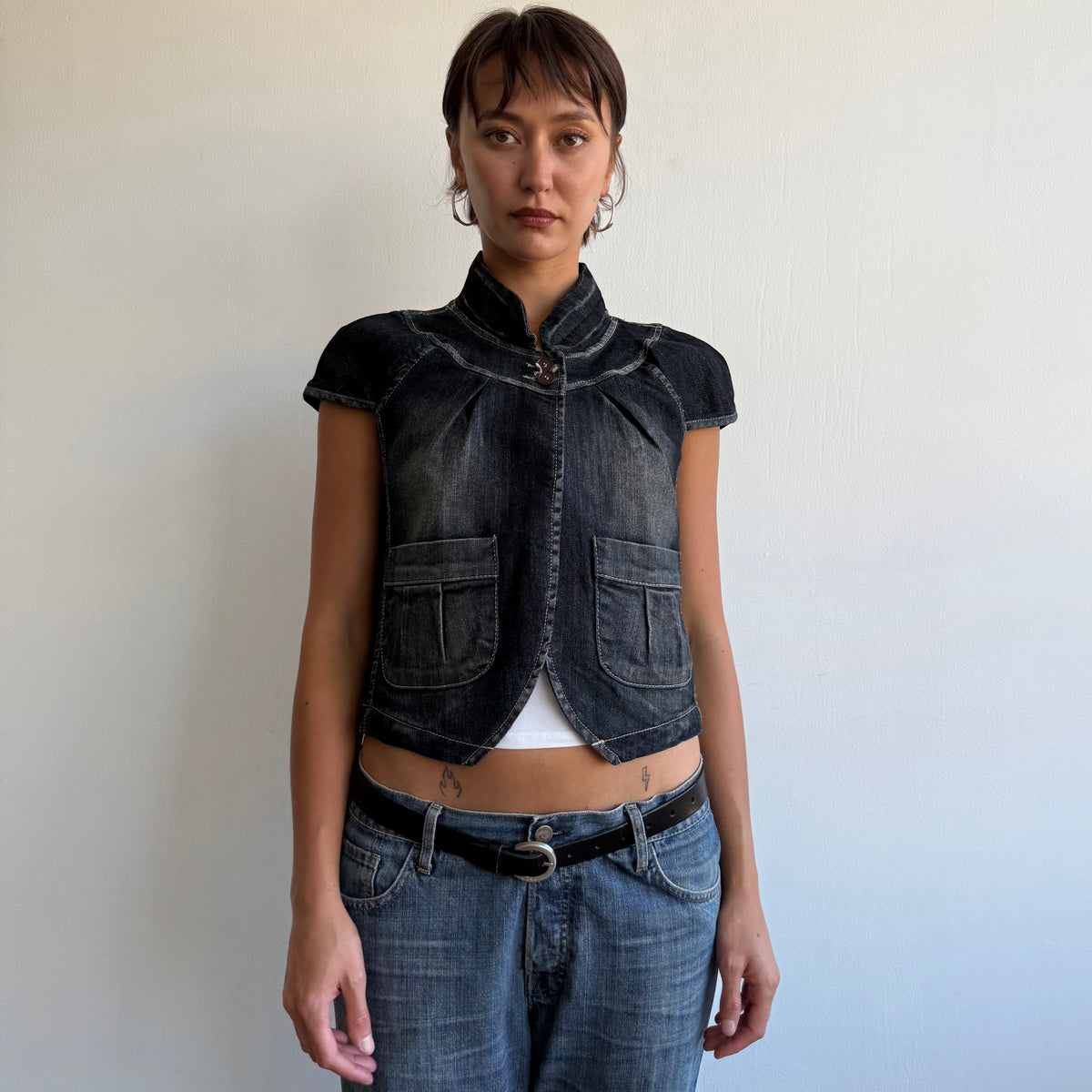 Dark denim short sleeve peacoat - Size S