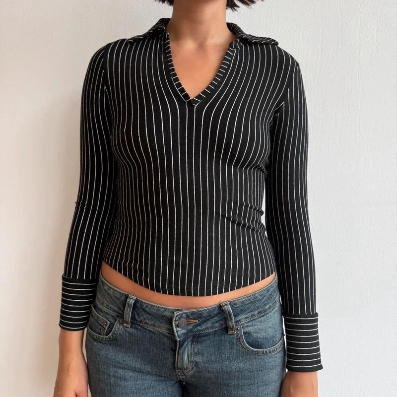 Black striped long sleeve collar top - Size S
