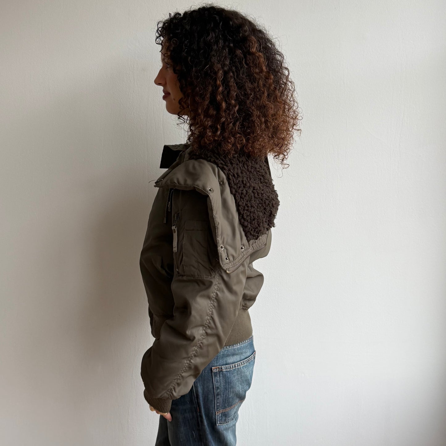 Khaki zip hood puffer bomber - Size M