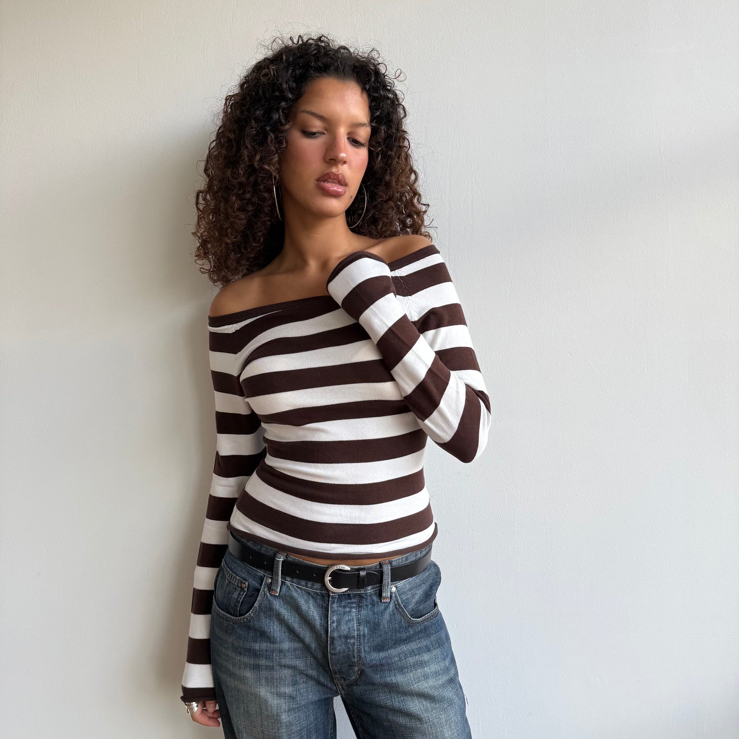 Brown and white striped Bardot knit - Size S