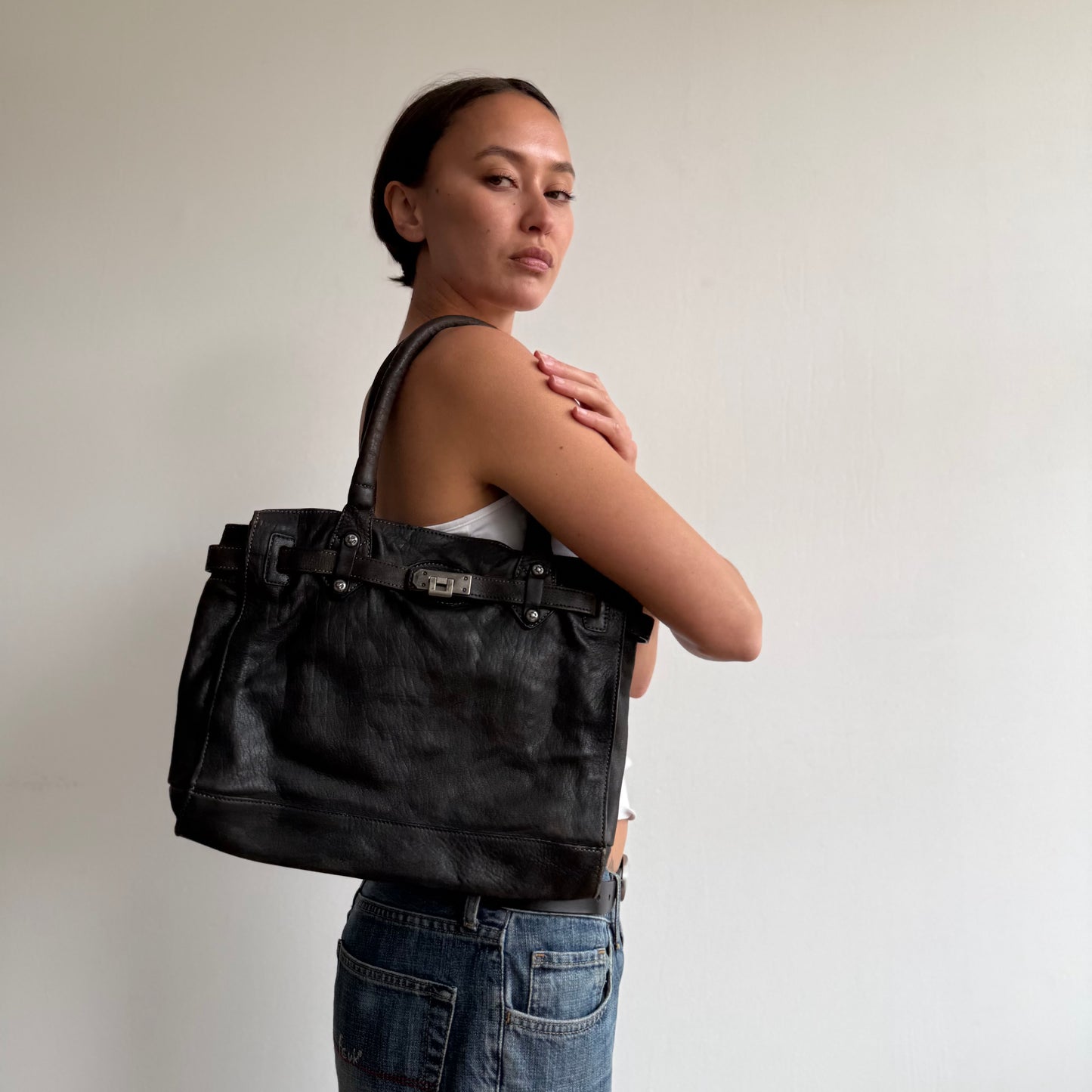 Brown mini leather ‘firkin’ bag - One Size