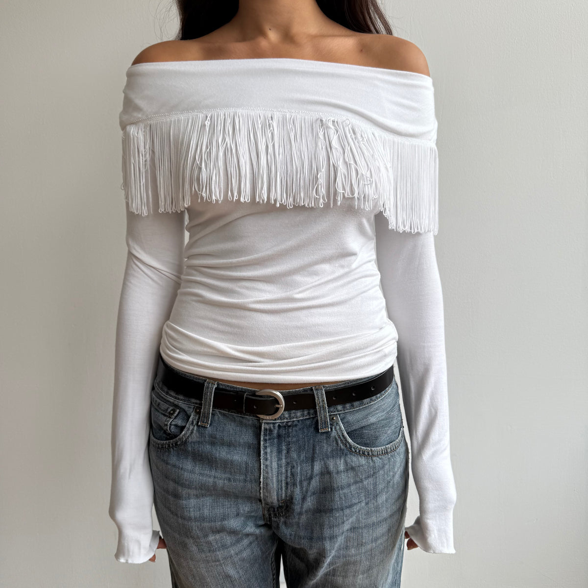 White fringe Bardot top - Size S-M