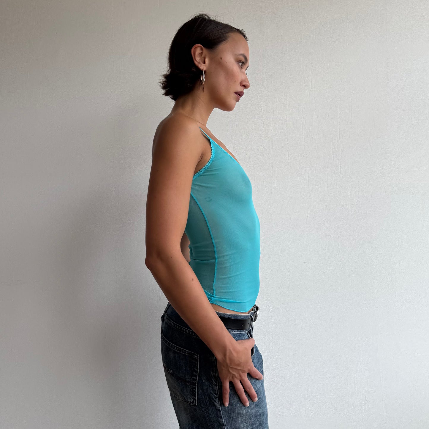 Turquoise sheer lace trim cami - Size S
