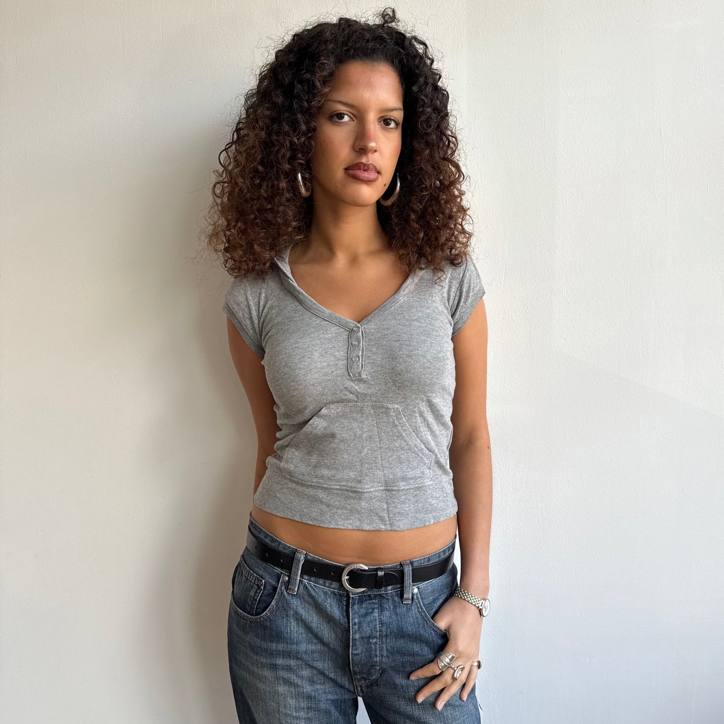 Grey short sleeve hooded top - Size XS