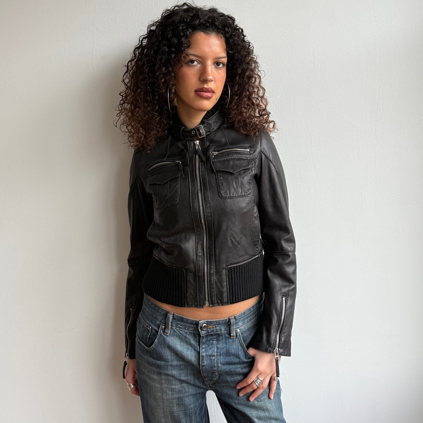 Black buckle neck leather jacket - Size S + S/M
