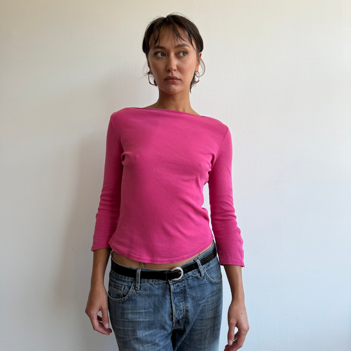 Hot pink 3/4 sleeve popper top - Size S