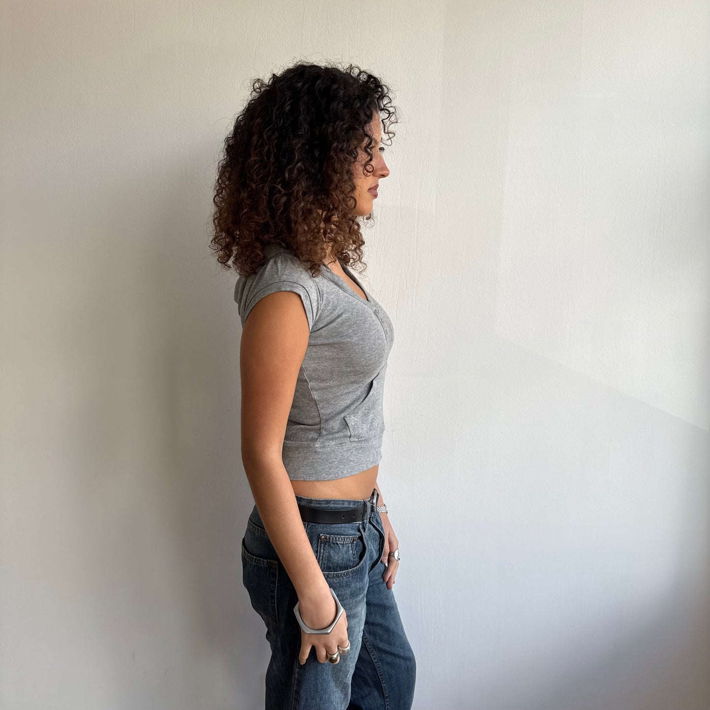 Grey short sleeve hooded top - Size XS