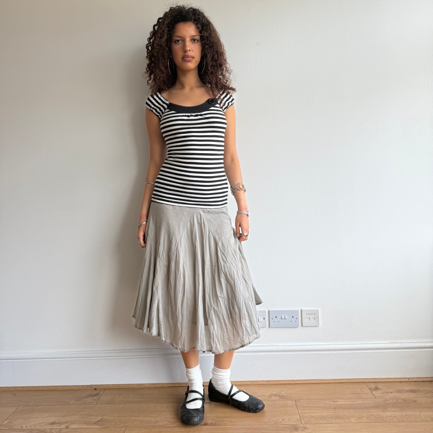 Black+ white striped button top - Size S