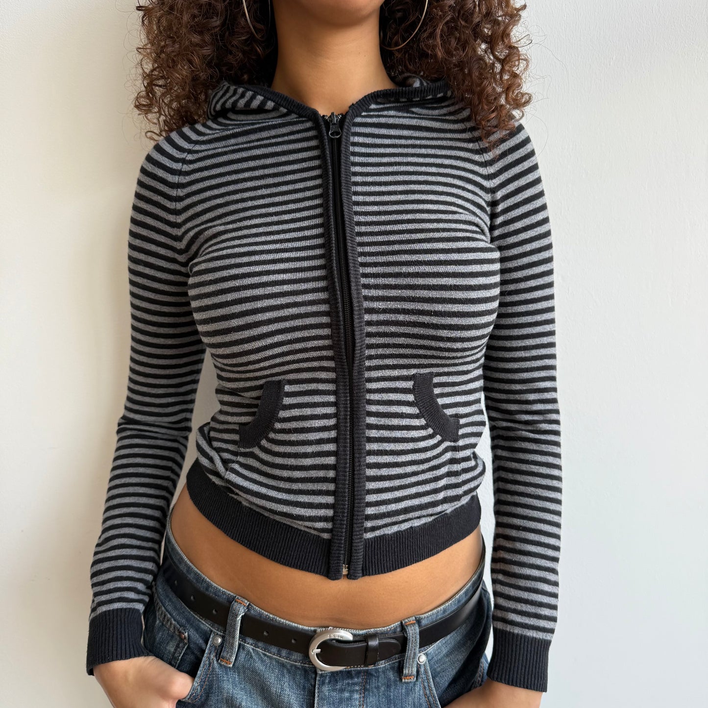 Grey and black striped hoodie - Size XXS + XS