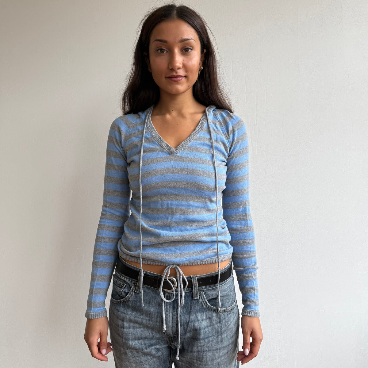 Grey + blue striped knit hoodie - Size S