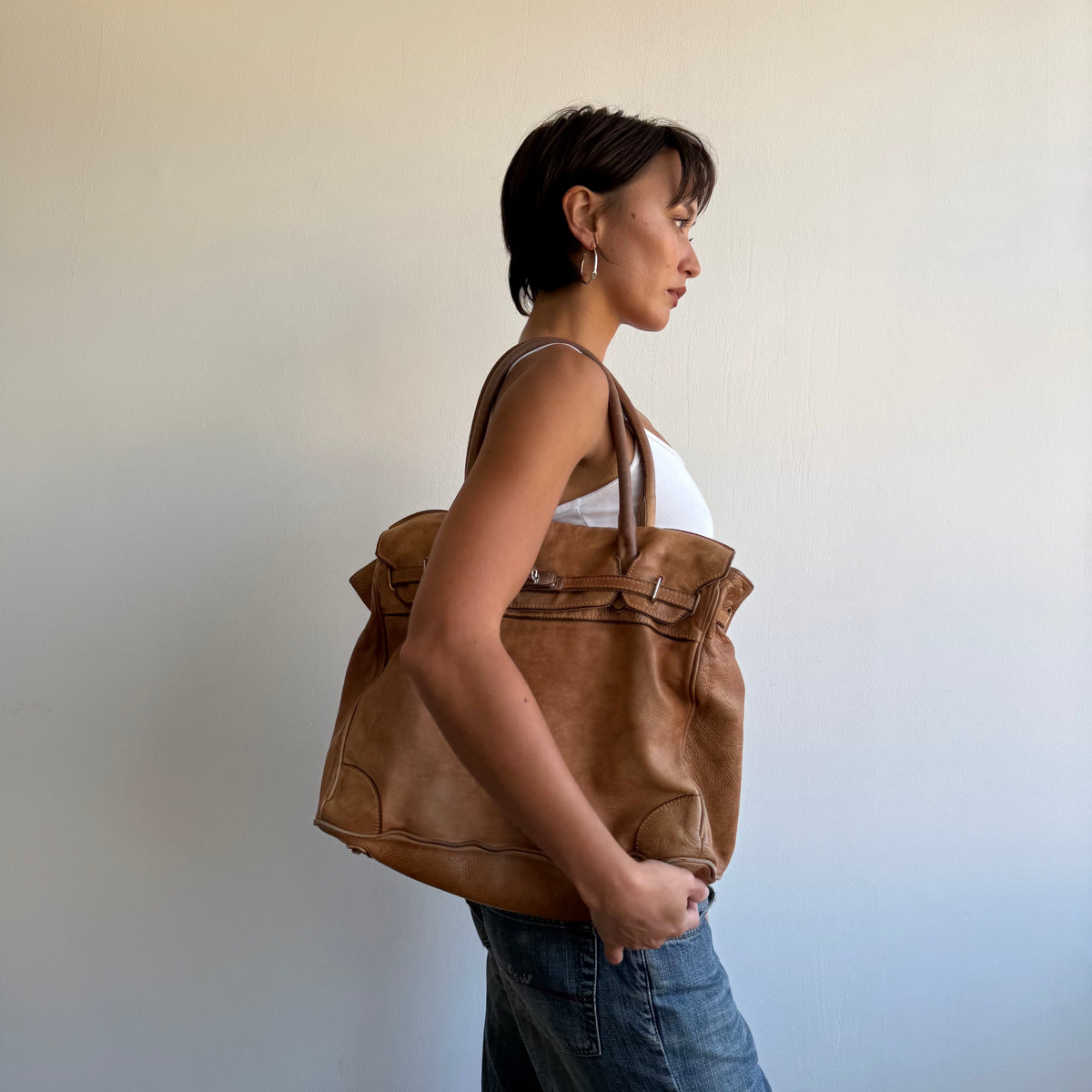 Peach leather firkin bag - One Size