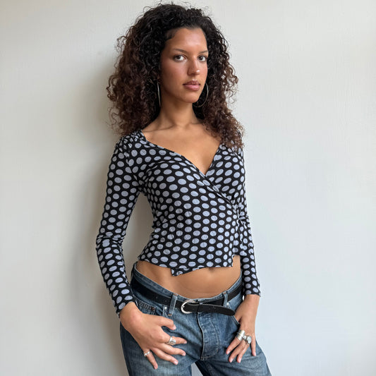 Black + grey polka dot wrap top - Size M