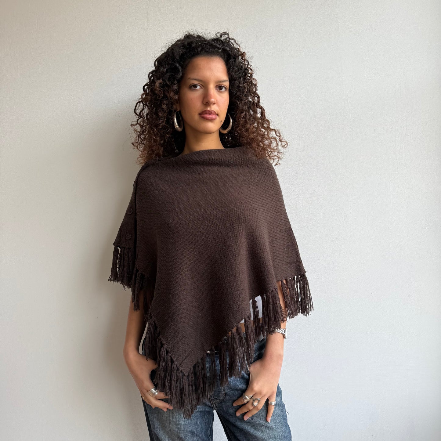 Brown tassel button poncho - One Size