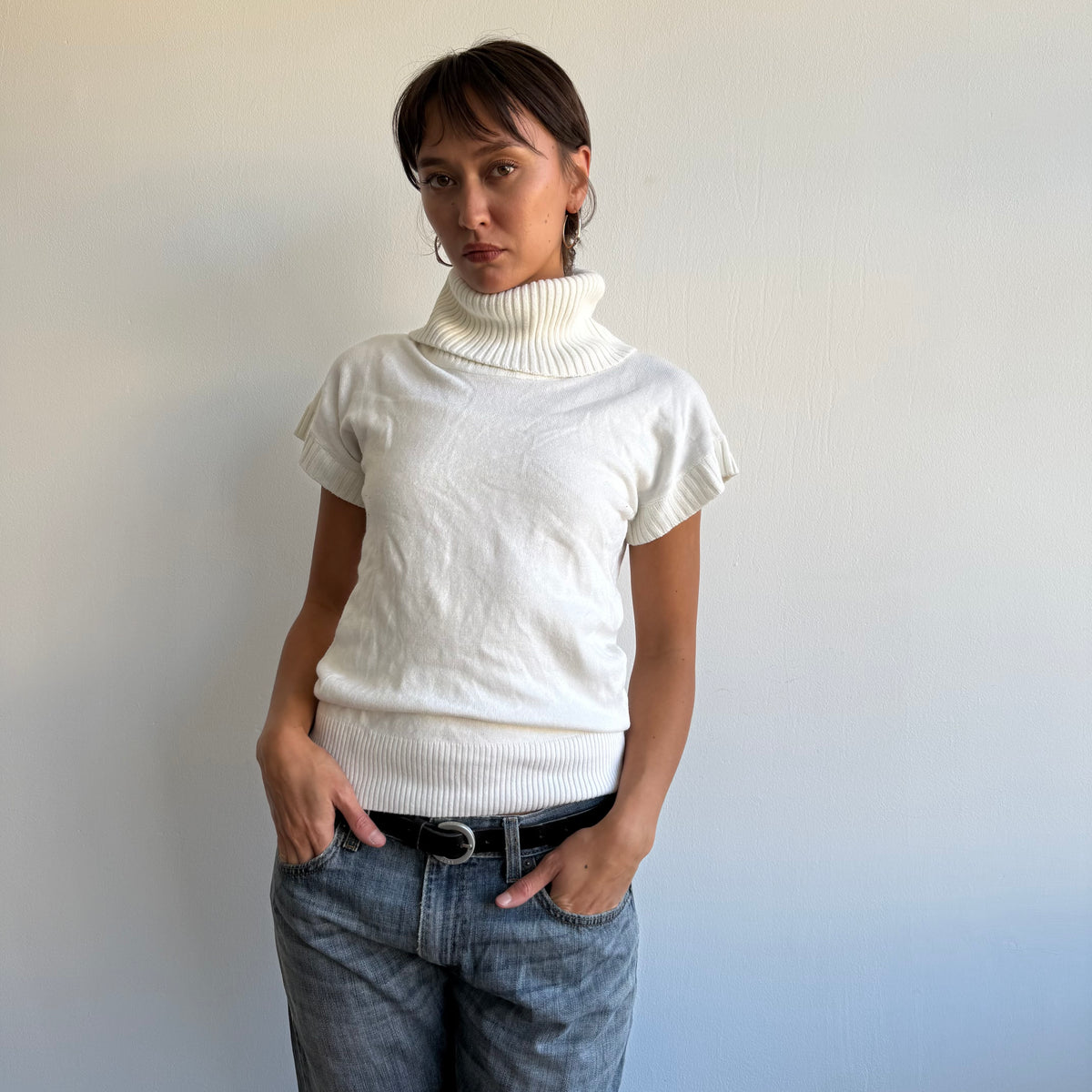 Cream short sleeve roll neck slouchy knit - Size M