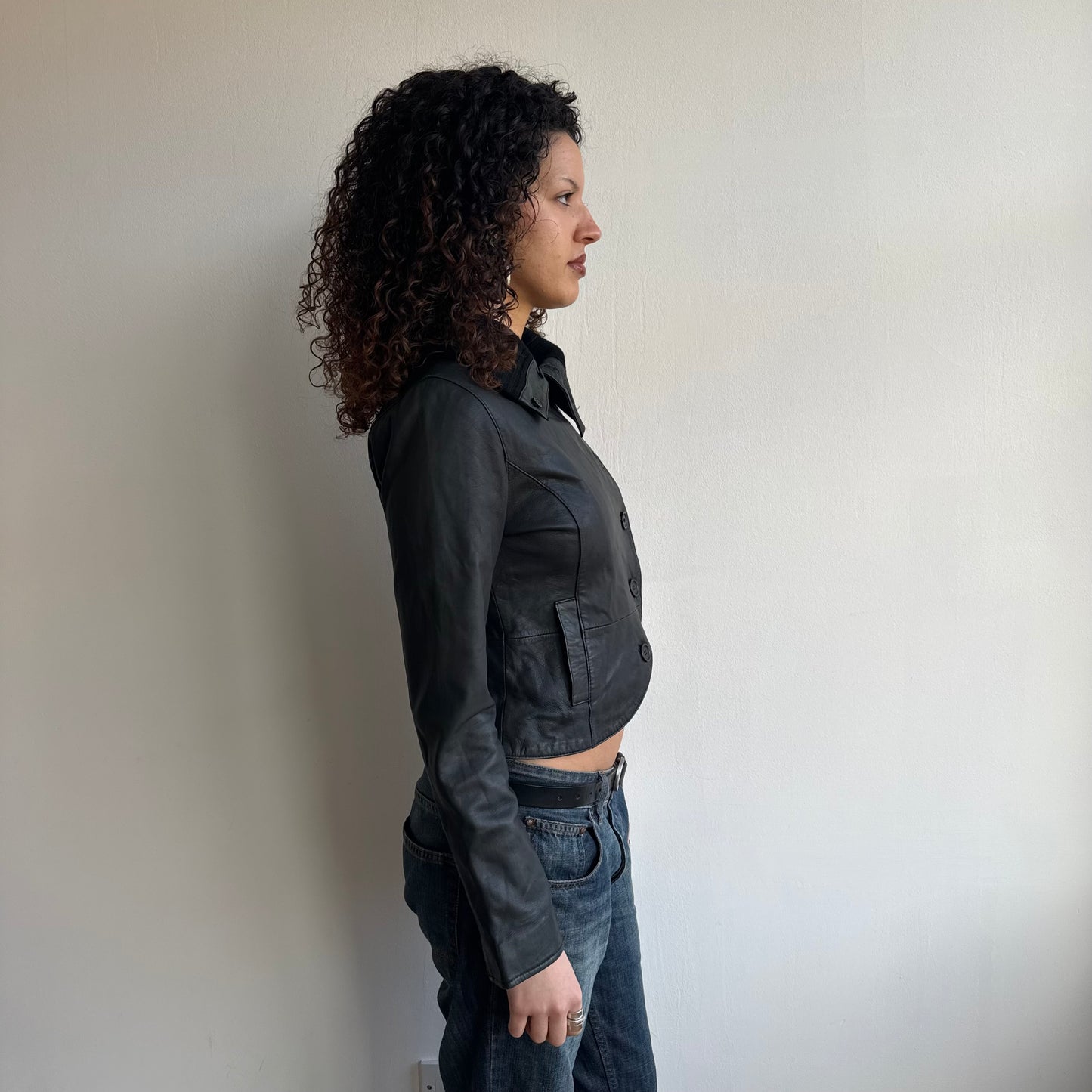 Black leather asymmetric peacoat - Size S/M