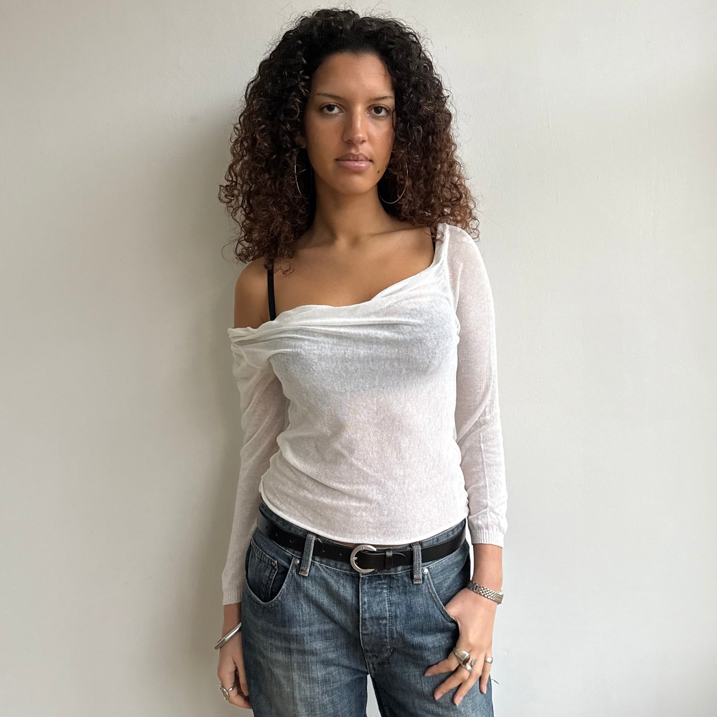 White fine knit slouchy top - Size S