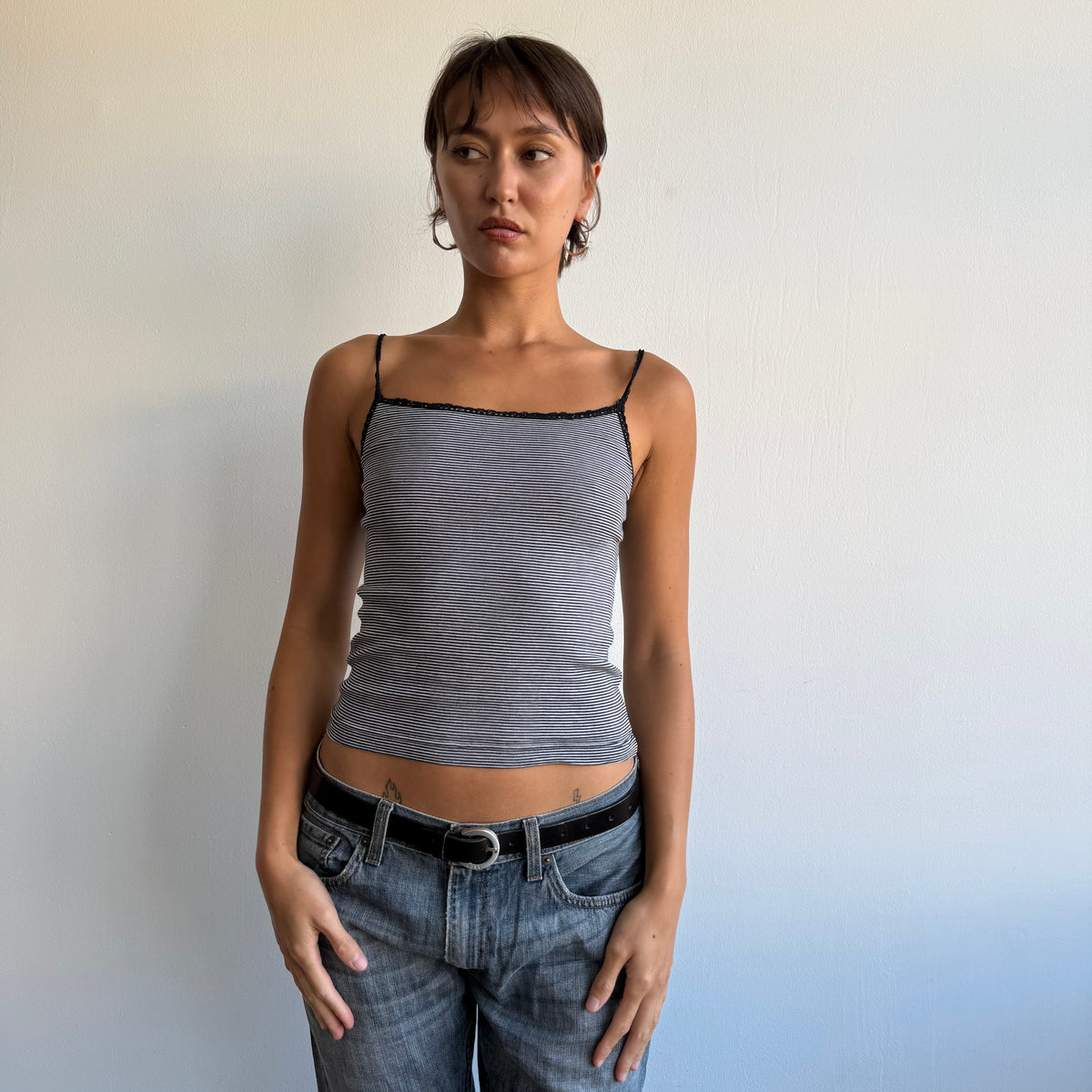 Black + grey striped cami - Size S