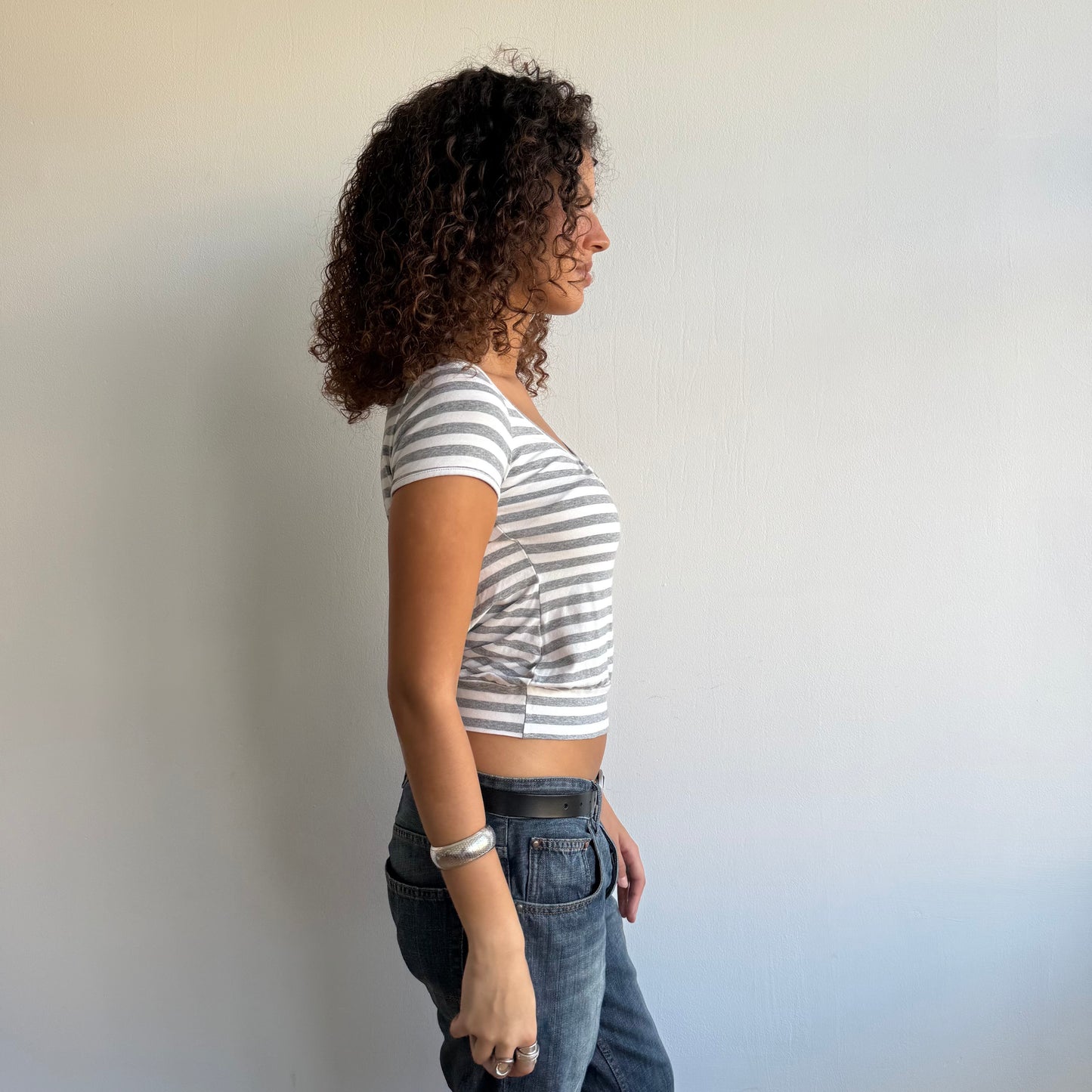 Grey + white stripe open back top - Size S