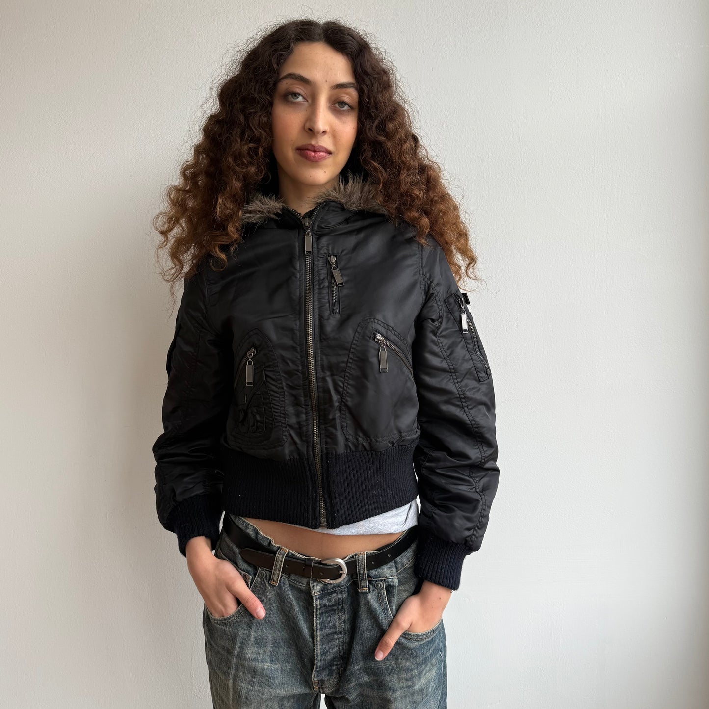 Black hooded cropped bomber - Size S
