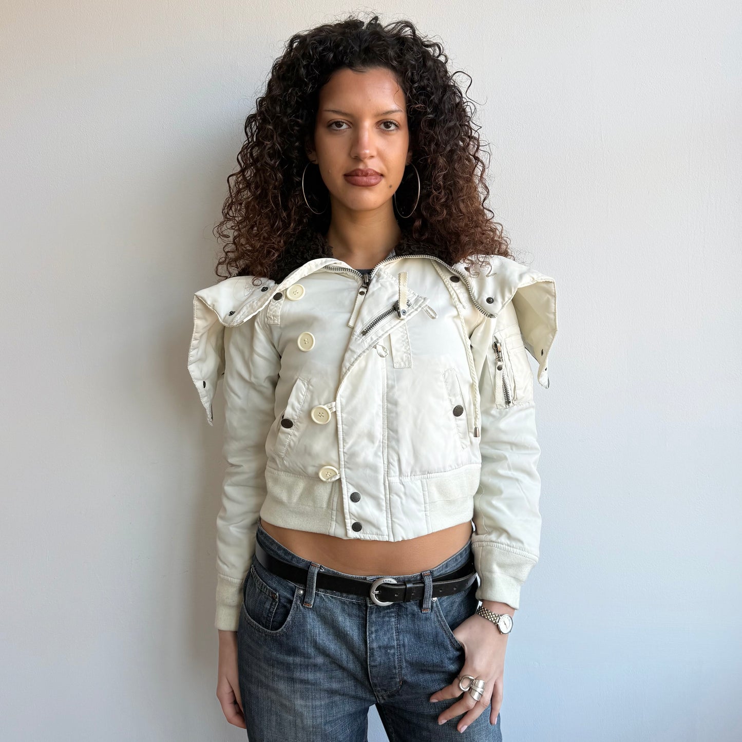 White fur hood cargo bomber - Size S
