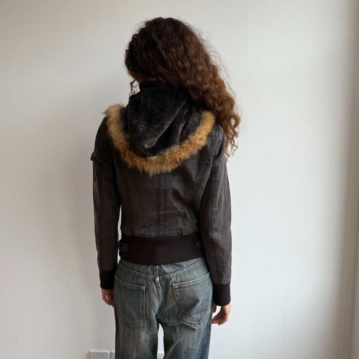 Brown fur hood cargo bomber - Size S