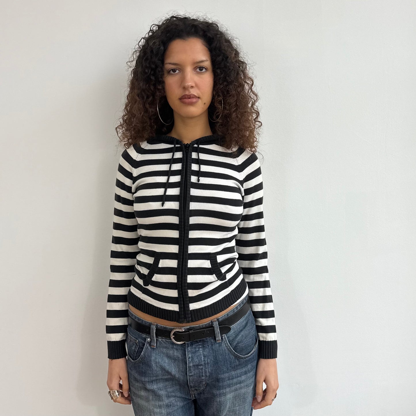 Black + white striped knit hoodie - Size S
