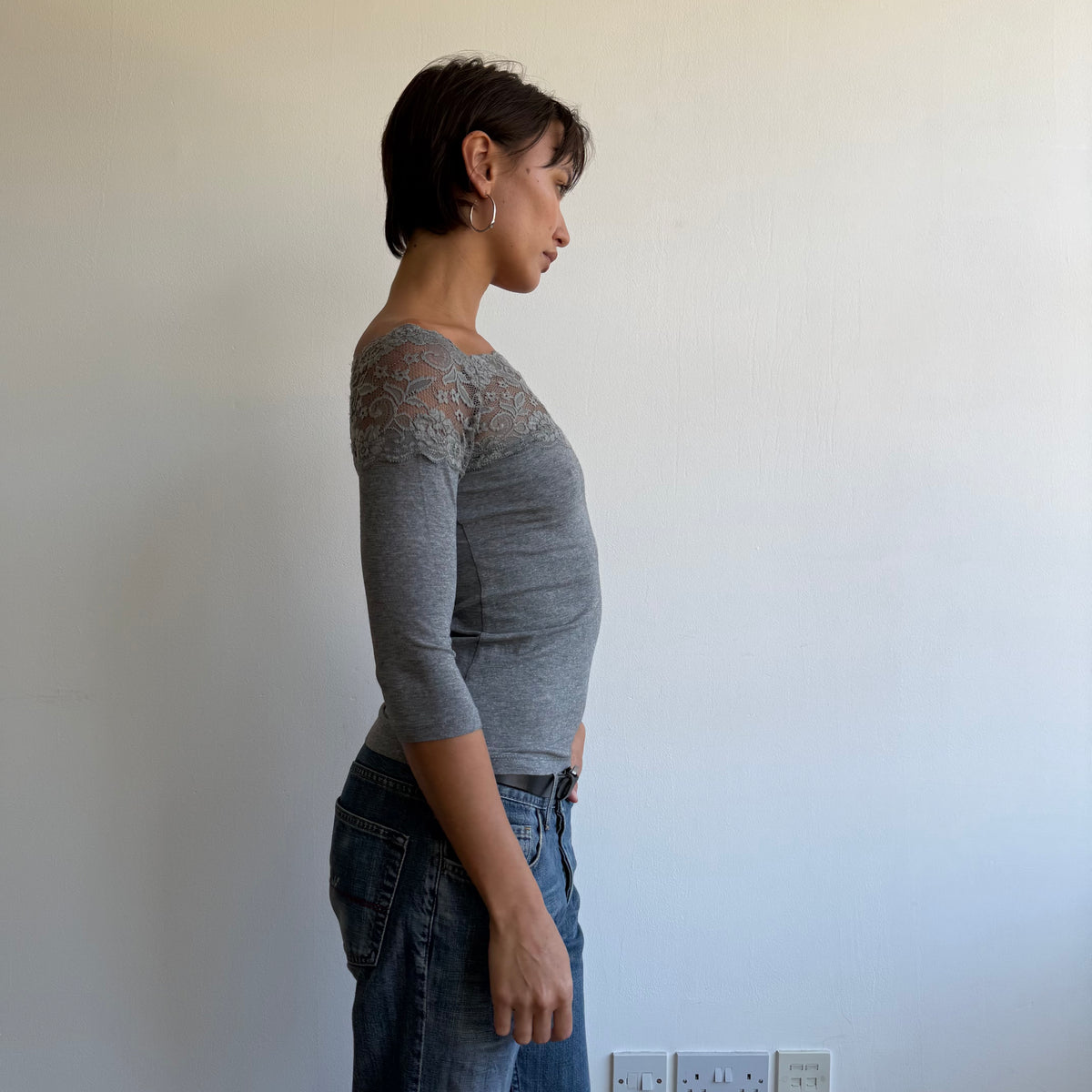 Grey lace bardot 3/4 sleeve top - Size S/M
