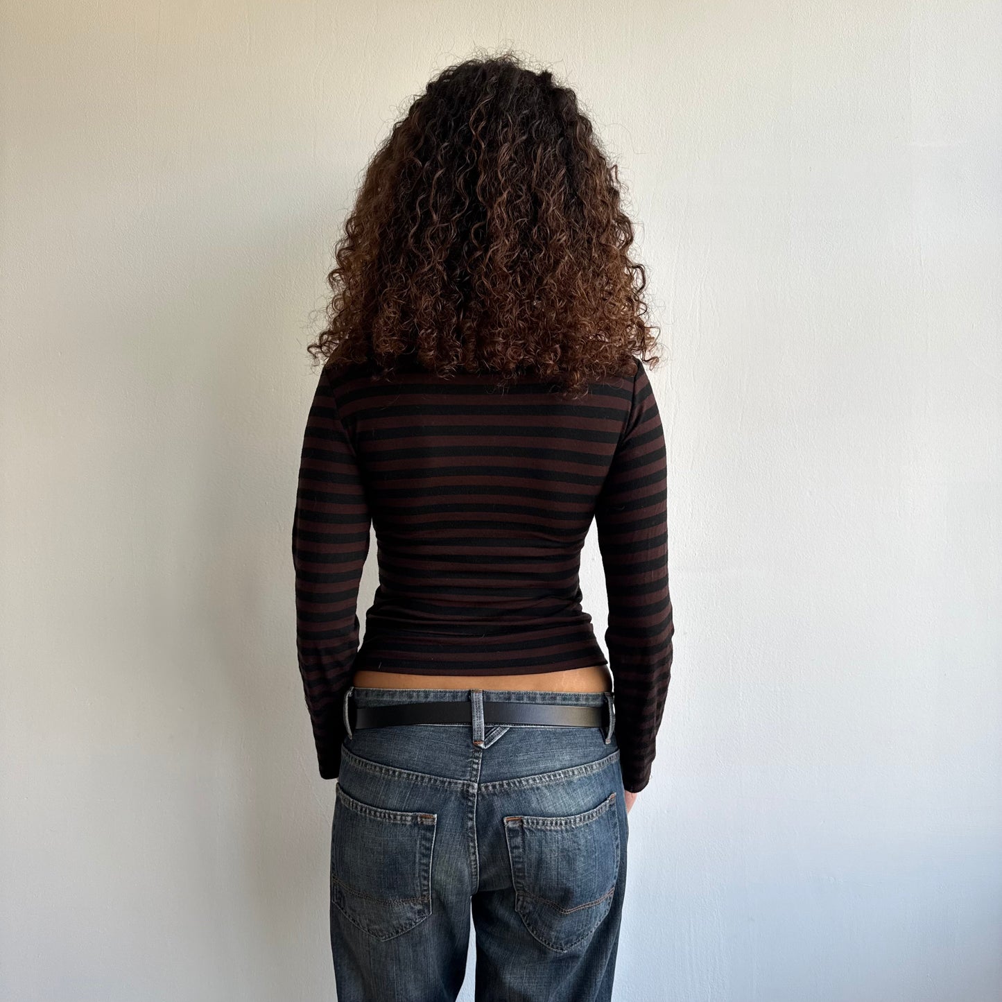 Brown + black striped wrap top - Size S